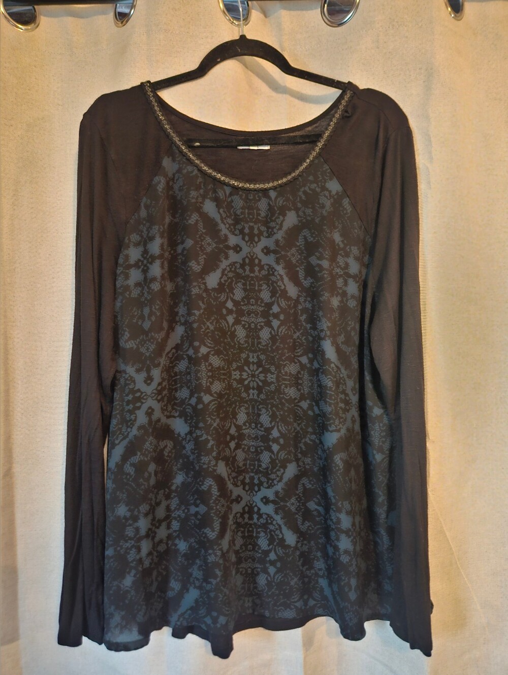 Maurices Black Long-Sleeve Top with Subtle Pattern and Beaded Neckline